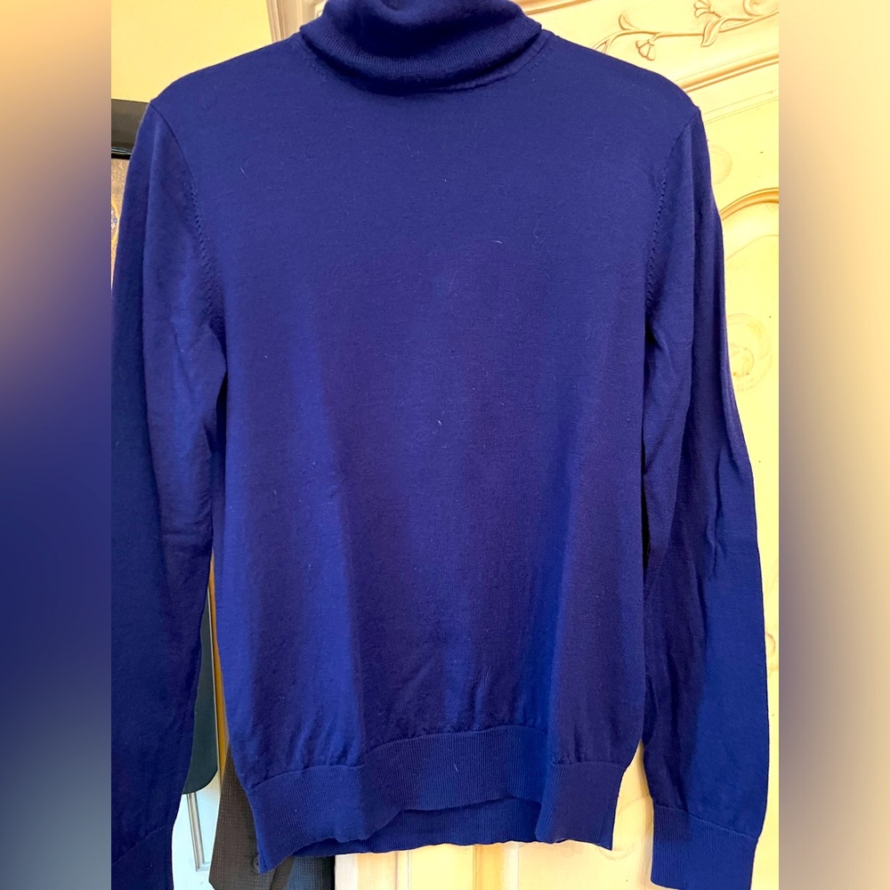 Wool turtleneck sweater; men’s size M and women’s size L. Bright blue. No holes